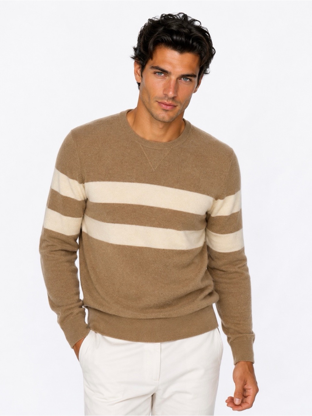 Todd Snyder Tan And Cream Striped Crewneck Sweater